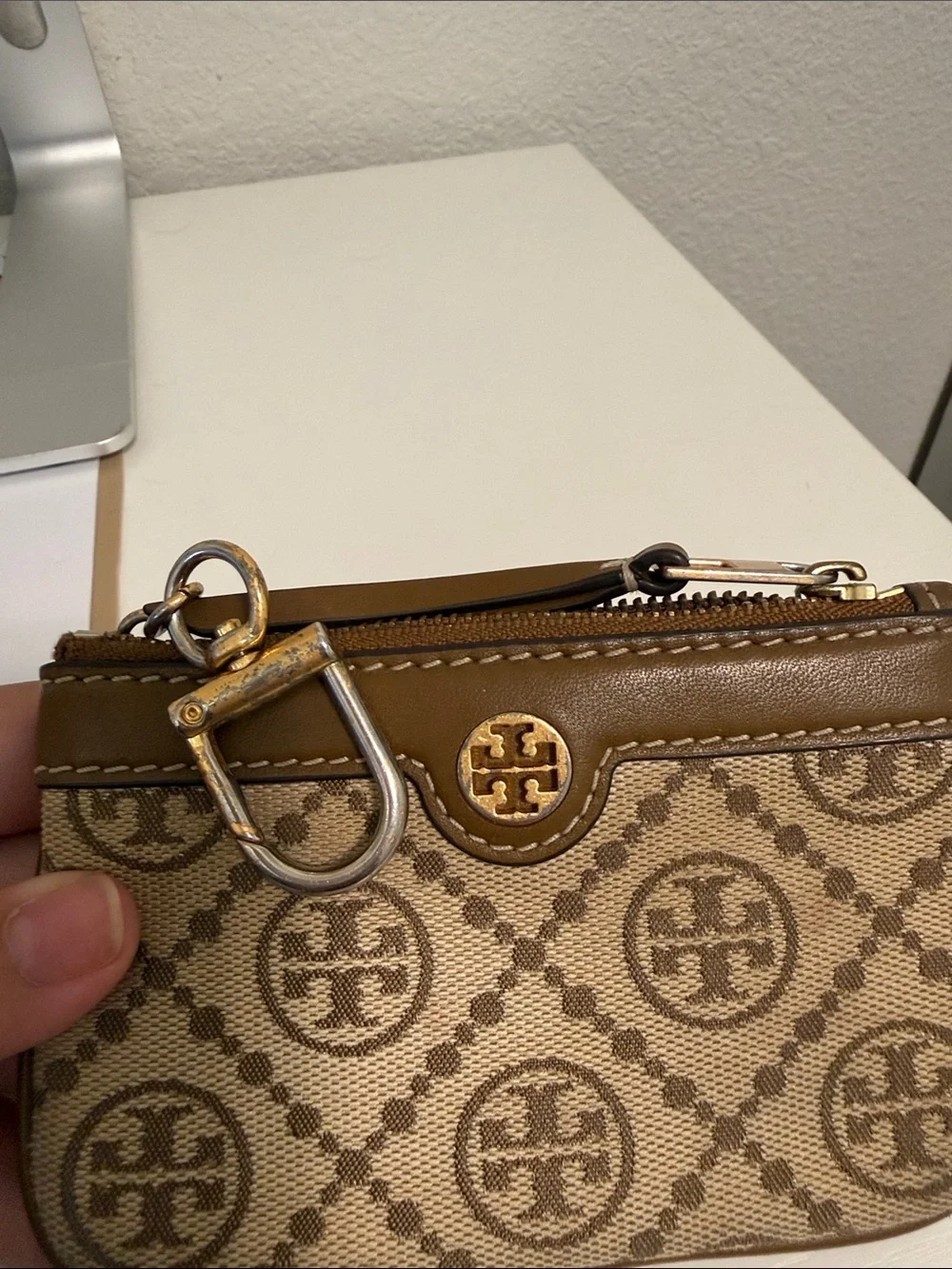 Tory Burch Tan Logo Canvas keychain wallet